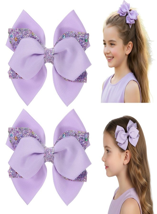 WJIAAA 2 Pcs Purple Hair Bow Clips, Sparkly Glitter Alligator Barrettes for Girls, Light Purple Hair Bows, 3.94 Inch Lavender Bowknot Hairpin with Dot Sequin for Cheerleader Birthday Parties - Image 1